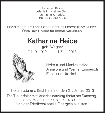 Traueranzeige von Katharina Heide von Hersfeld