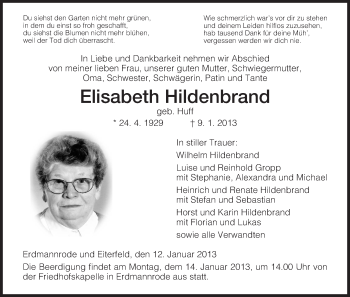 Traueranzeige von Elisabeth Hildenbrand von Hersfeld