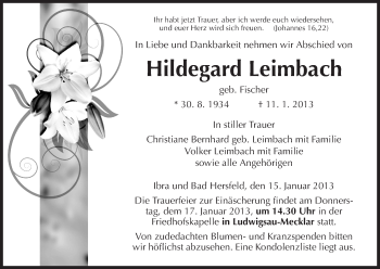 Traueranzeige von Hildegard Leimbach von Hersfeld