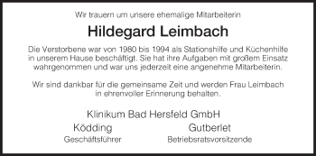 Traueranzeige von Hildegard Leimbach von Hersfeld