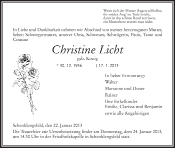 Traueranzeige von Christine Licht von Hersfeld