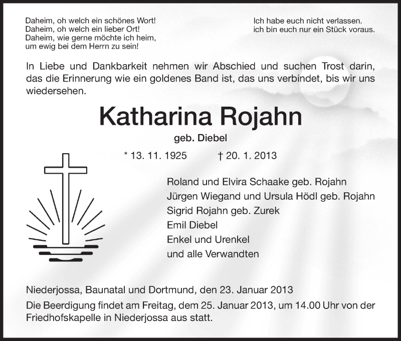  Traueranzeige für Katharina Rojahn vom 23.01.2013 aus Hersfeld