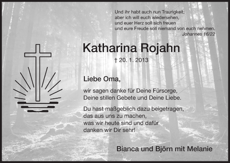  Traueranzeige für Katharina Rojahn vom 23.01.2013 aus Hersfeld