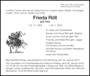 Traueranzeige von Frieda Röll von Hersfeld