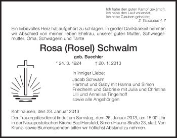 Traueranzeige von Rosa Schwalm von Hersfeld