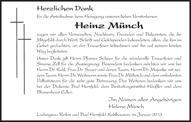  Traueranzeige für Heinz Münch vom 26.01.2013 aus Hersfeld