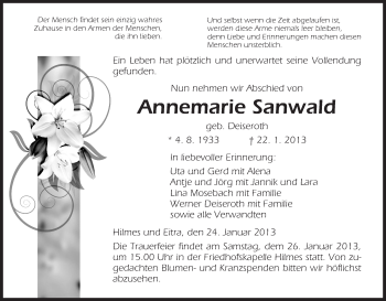 Traueranzeige von Annemarie Sanwald von Hersfeld