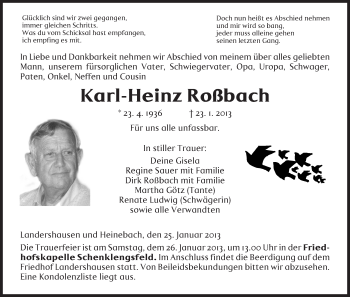 Traueranzeige von Karl-Heinz Roßbach von Hersfeld