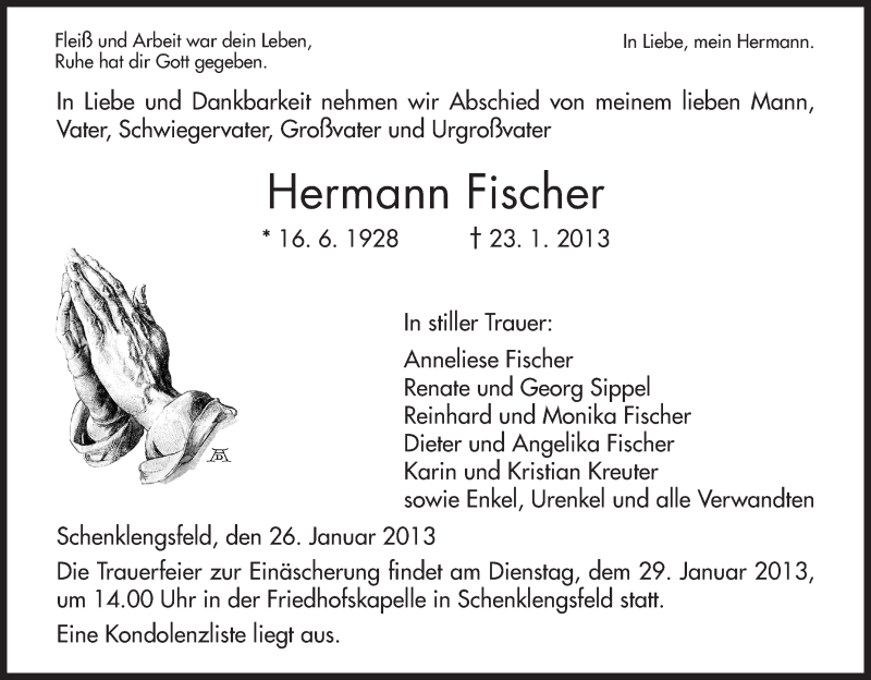 Traueranzeige für Hermann Fischer vom 26.01.2013 aus Hersfeld