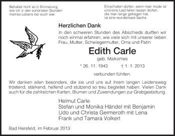 Traueranzeige von Edith Carle von Hersfeld