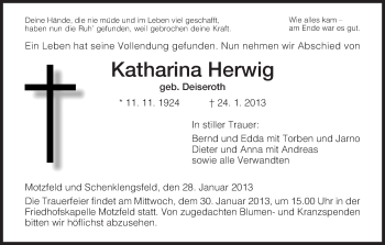 Traueranzeige von Katharina Herwig von Hersfeld