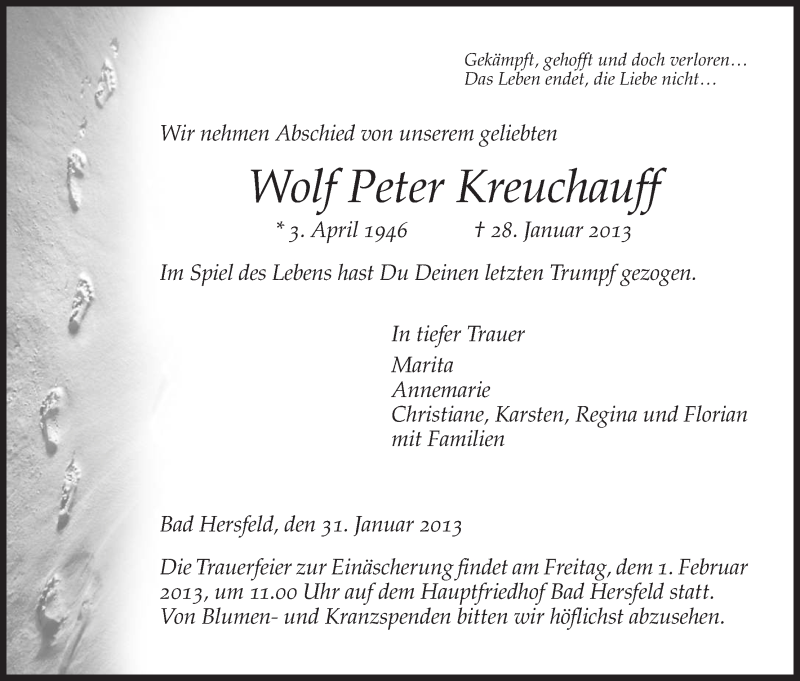  Traueranzeige für Wolf Peter Kreuchauff vom 31.01.2013 aus Hersfeld
