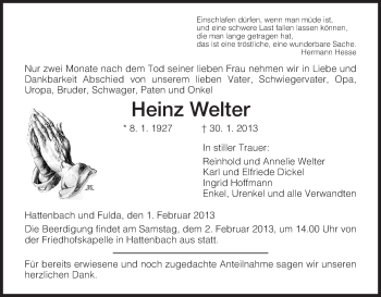 Traueranzeige von Heinz Welter von Hersfeld