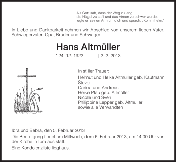 Traueranzeige von Hans Altmüller von Hersfeld