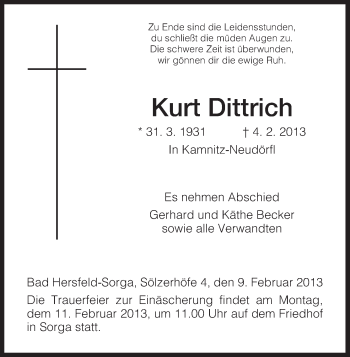 Traueranzeige von Kurt Dittrich von Hersfeld