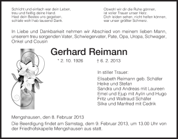 Traueranzeige von Gerhard Reimann von Hersfeld