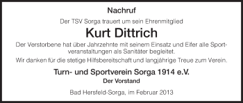 Traueranzeige von Kurt Dittrich von Hersfeld