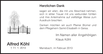 Traueranzeige von Alfred Köhl von Hersfeld