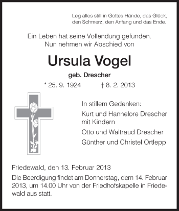 Traueranzeige von Ursula Vogel von Hersfeld