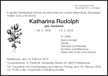 Traueranzeige von Katharina Rudolph von Hersfeld
