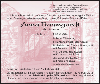 Traueranzeige von Anna Baumgardt von Hersfeld