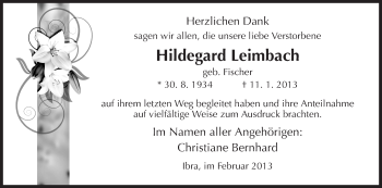 Traueranzeige von Hildegard Leimbach von Hersfeld