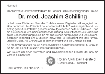 Traueranzeige von Joachim Schilling von Hersfeld