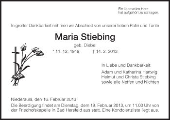 Traueranzeige von Maria Stiebing von Hersfeld