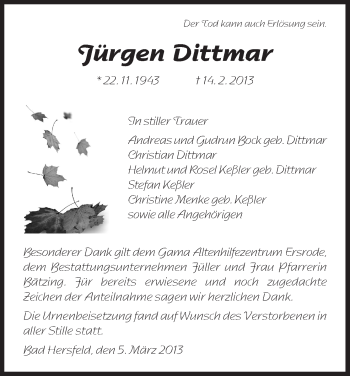Traueranzeige von Jürgen Dittmar von Hersfeld