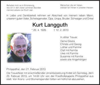 Traueranzeige von Kurt Langguth von Hersfeld