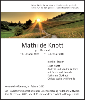 Traueranzeige von Mathilde Knott von Hersfeld