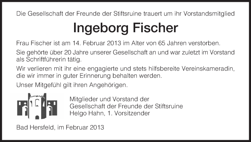  Traueranzeige für Ingeborg Fischer vom 23.02.2013 aus Hersfeld