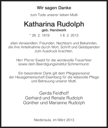 Traueranzeige von Katharina Rudolph von Hersfeld