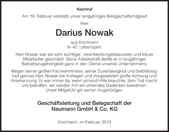 Traueranzeige von Darius Nowak von Hersfeld