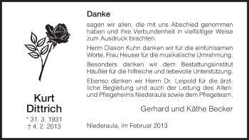 Traueranzeige von Kurt Dittrich von Hersfeld