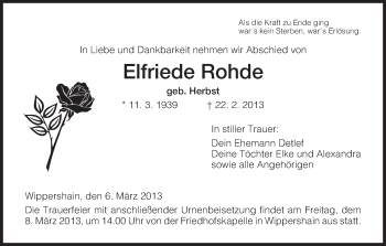 Traueranzeige von Elfriede Rohde von Hersfeld