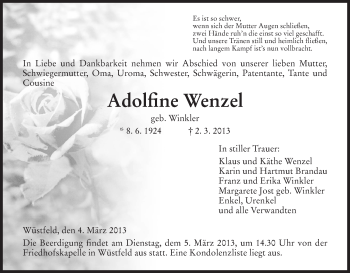 Traueranzeige von Adolfine Wenzel von Hersfeld