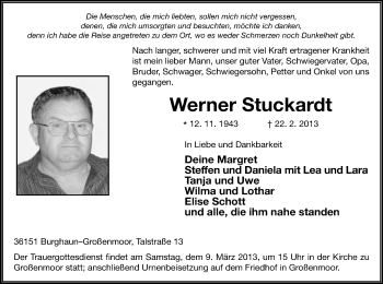 Traueranzeige von Werner Stuckardt von Hersfeld