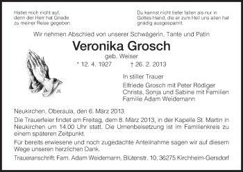 Traueranzeige von Veronika Grosch von Hersfeld