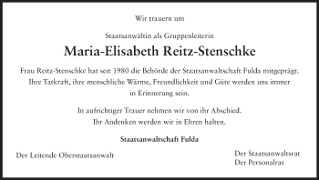 Traueranzeige von Maria-Elisabeth Reitz-Stenschke von Hersfeld