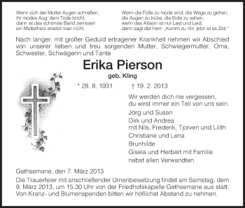 Traueranzeige von Erika Pierson von Hersfeld