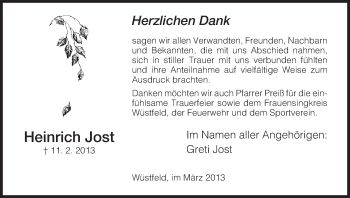 Traueranzeige von Heinnrich Jost von Hersfeld