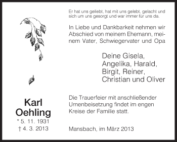 Traueranzeige von Karl Oehling von Hersfeld