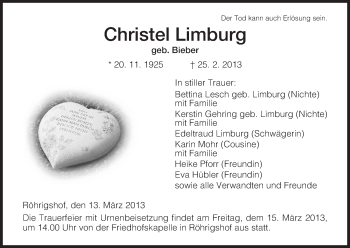 Traueranzeige von Christel Limburg von Hersfeld