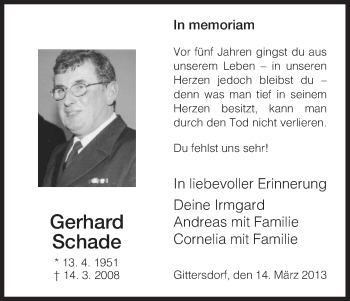 Traueranzeige von Gerhard Schade von Hersfelder Zeitung