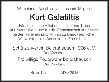 Traueranzeige von Kurt Galatiltis von Hersfeld