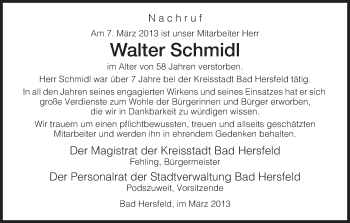 Traueranzeige von Walter Schmidl von Hersfeld