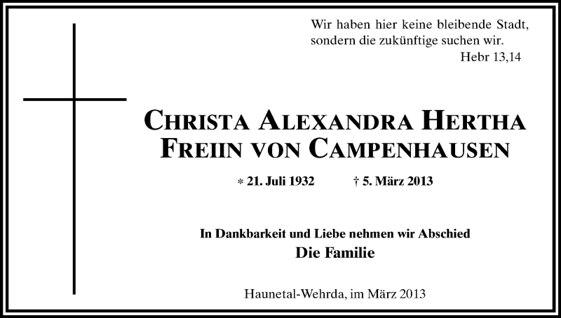  Traueranzeige für Christa Alexandra Hertha Freiin von Campenhausen vom 15.03.2013 aus Hersfeld
