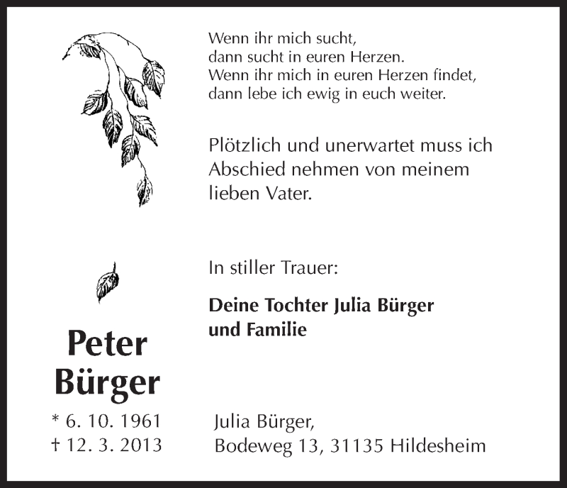  Traueranzeige für Peter Bürger vom 16.03.2013 aus Hersfeld