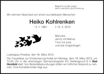 Traueranzeige von Heiko Kohlrenken von Hersfeld